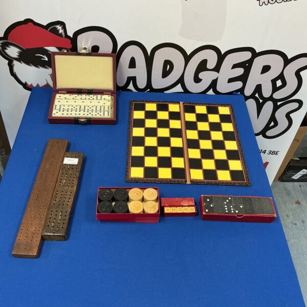 Vintage board games lot including backgammon and dominoes.