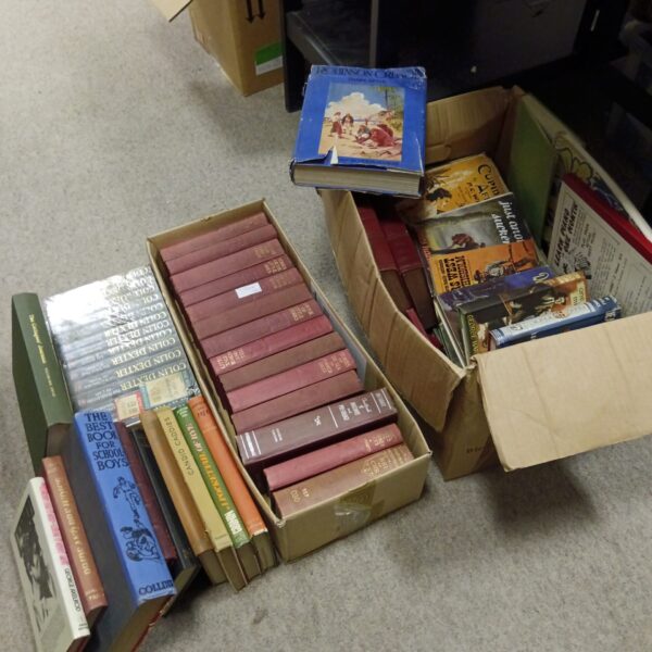Vintage book lot in two cardboard boxes, including Robinson Crusoe.