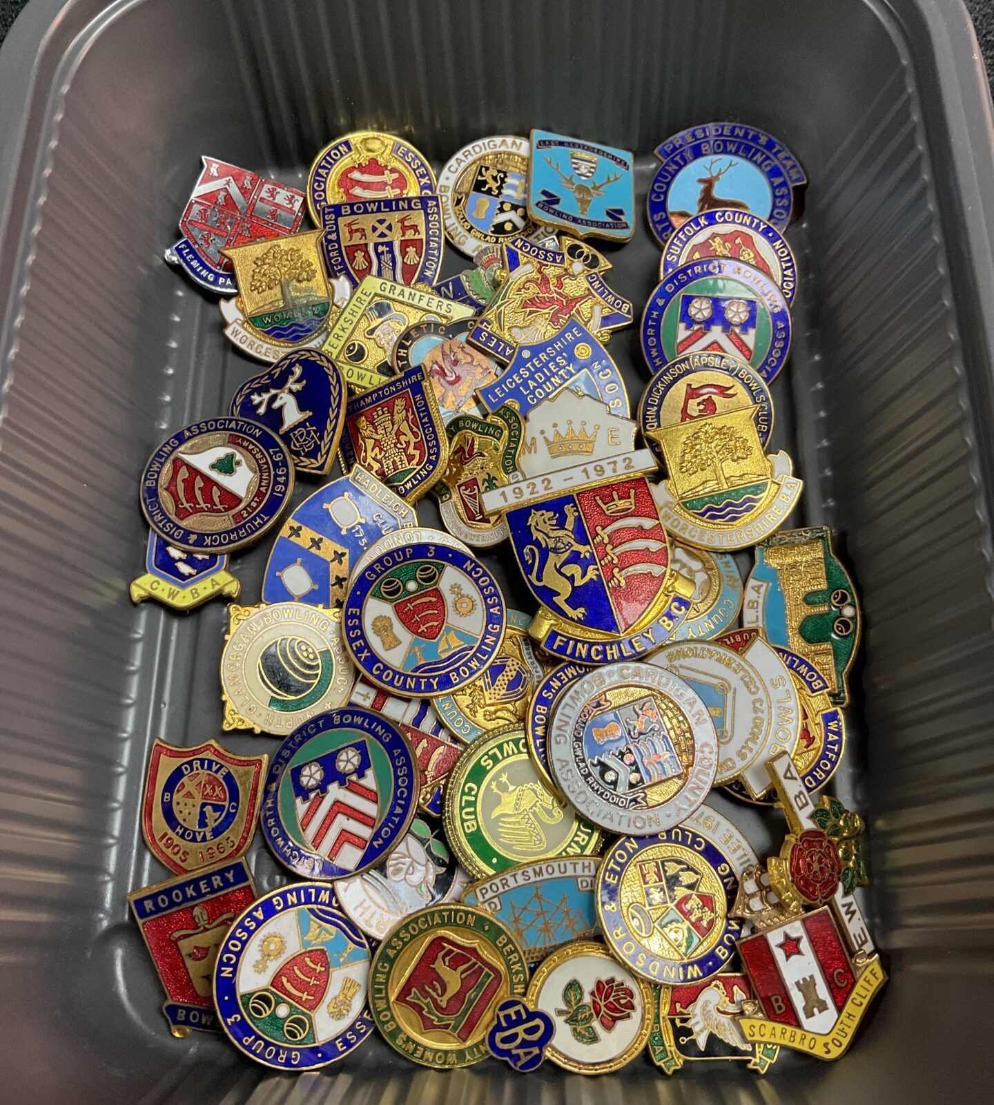 Lot of vintage bowling club enamel pin badges for collectors.