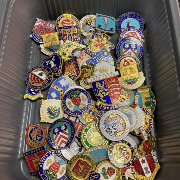 Lot of vintage bowling club enamel pin badges for collectors.