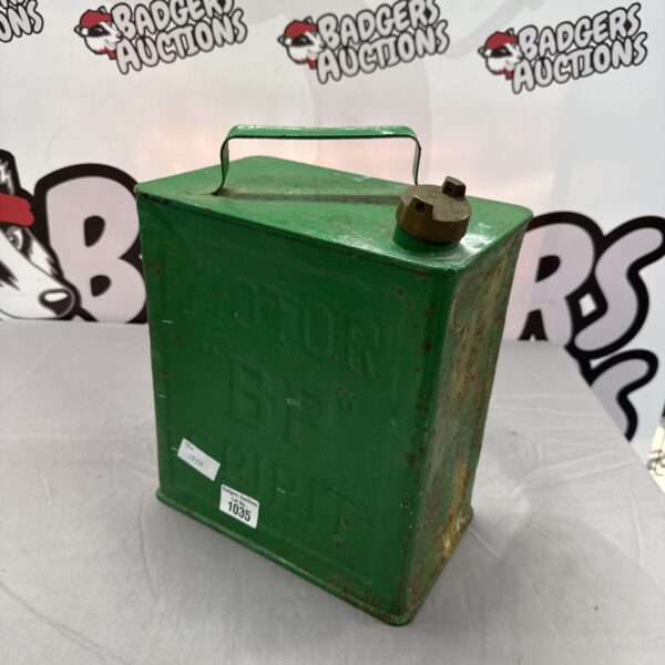 Vintage BP fuel can with brass cap, collectible petrol can.