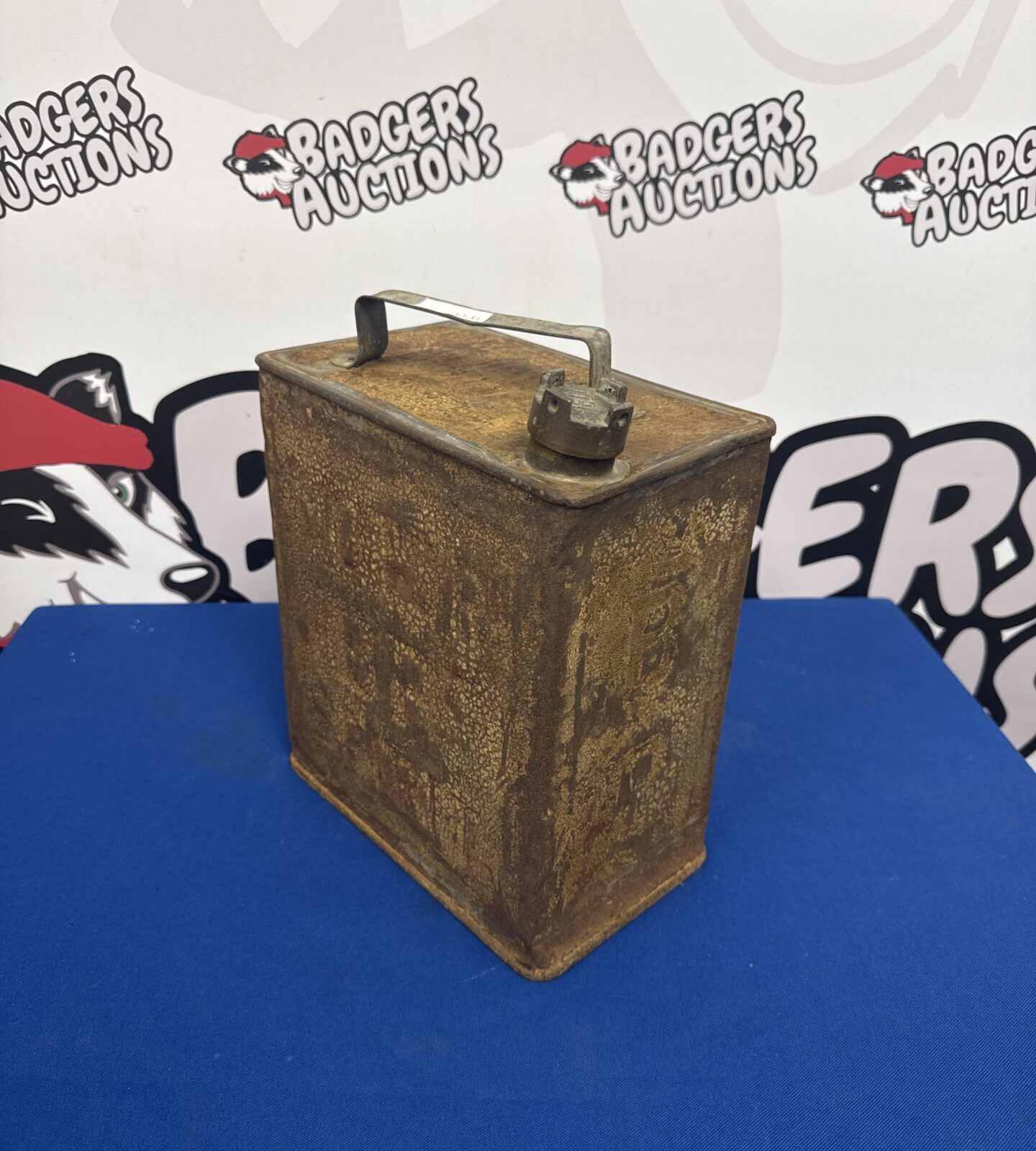 Vintage BP fuel can with brass Shell cap, collectible petrol can.
