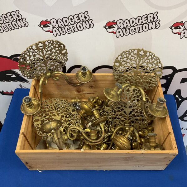 Vintage brass hardware lot with door knobs and wall sconces.