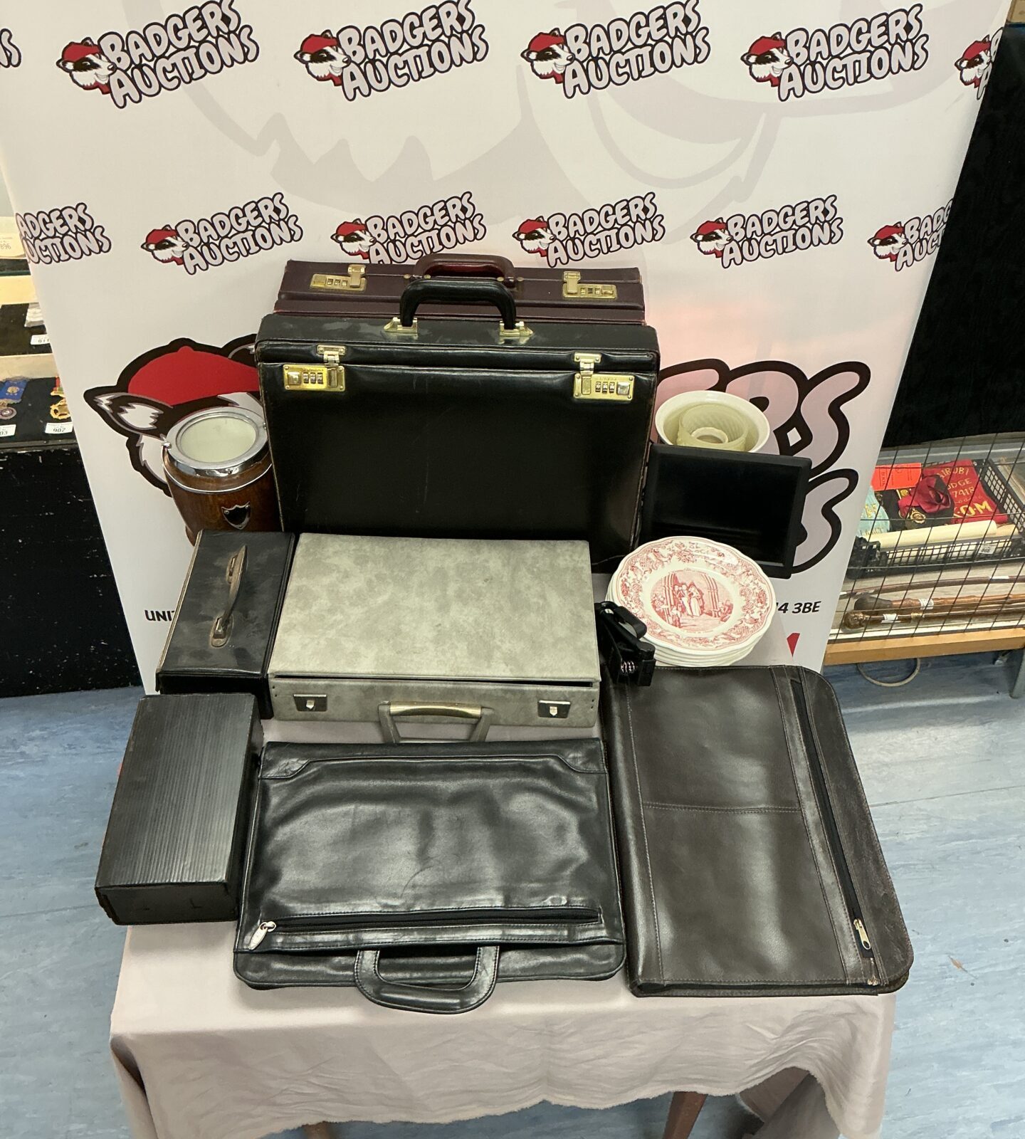 Vintage brown leather briefcase on display.
