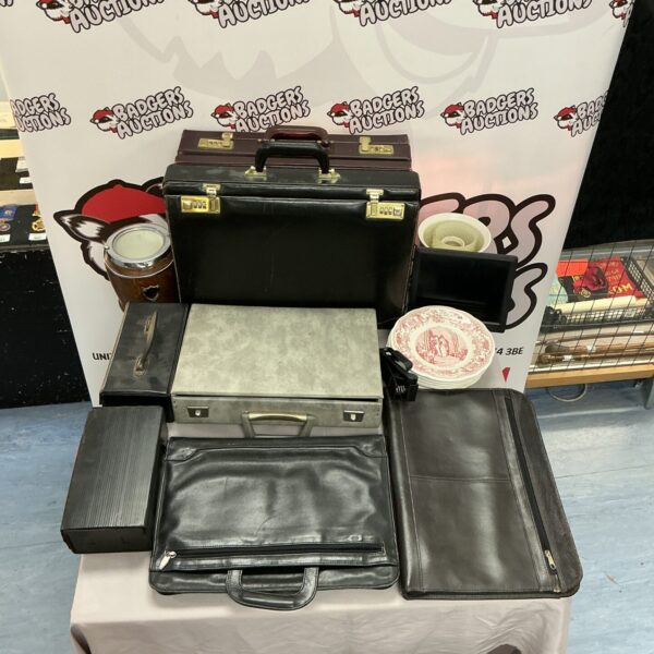 Vintage brown leather briefcase on display.