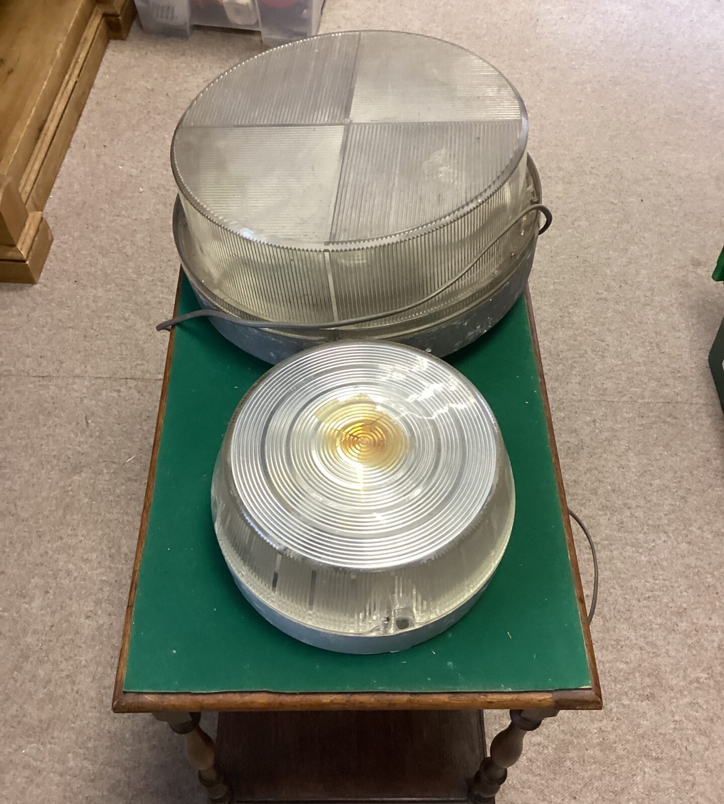 Pair of vintage bulkhead lights with textured glass.