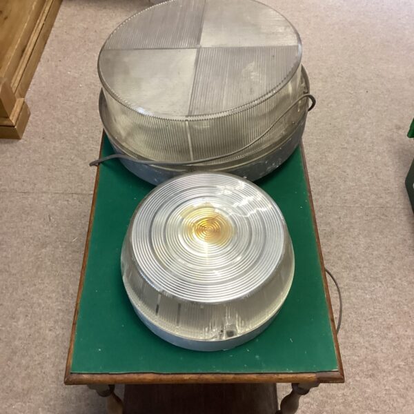 Pair of vintage bulkhead lights with textured glass.