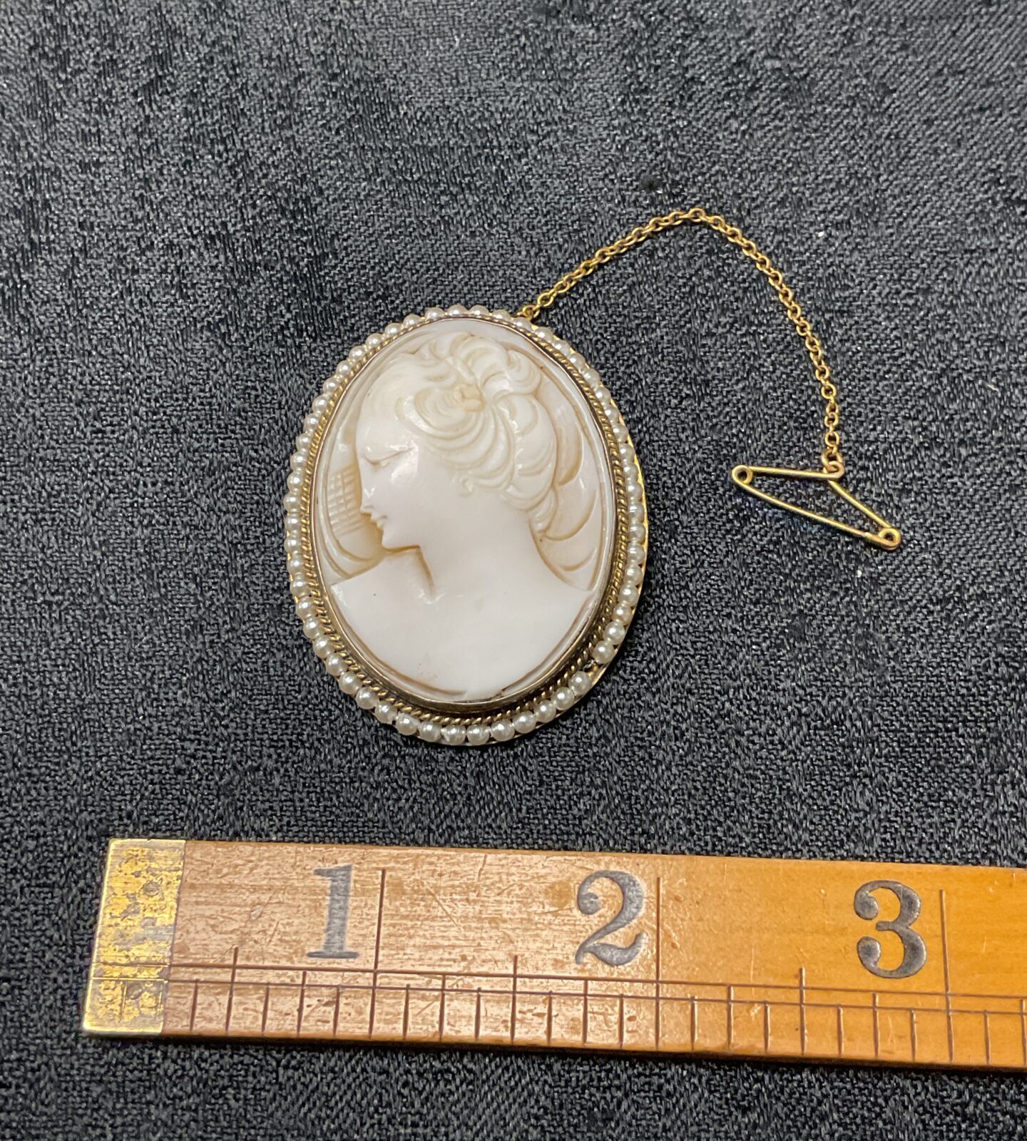Vintage cameo brooch with seed pearls in gold filled setting.