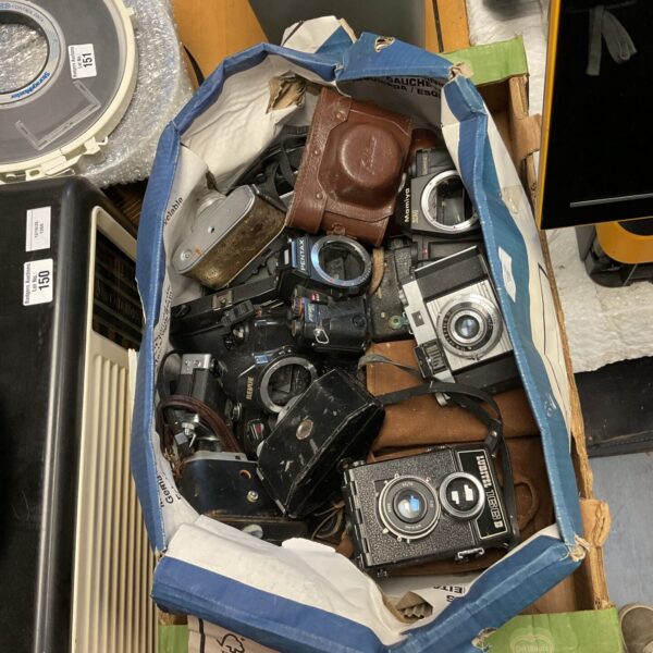 Mixed lot of vintage cameras including Pentax, Lubitel, Revue, and Mamiya.