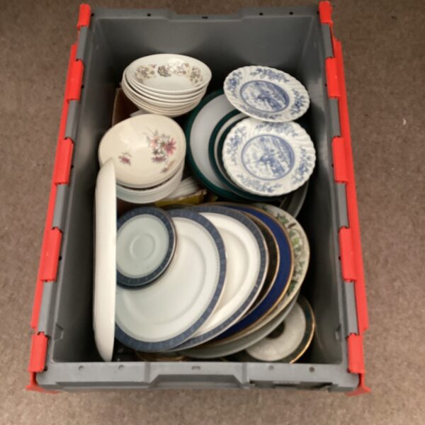 Crate of vintage china including Poole and Royal Doulton plates.