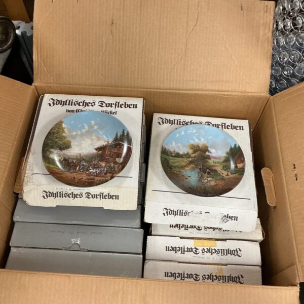 Vintage collectible wall plates with detailed landscape scenes.