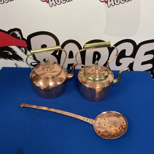 Vintage copper and brass kettles with sieve, antique kitchenware.