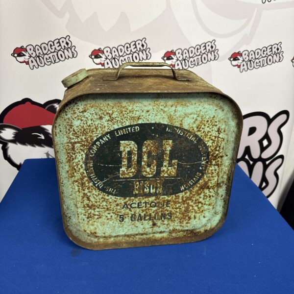 Vintage Distillers Company Limited 5 gallon acetone can, industrial metal container.