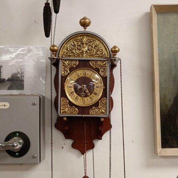 Vintage Dutch wall clock with pendulum and weights, working condition.