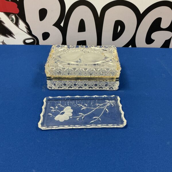 Vintage glass jewellery box with floral design and tray.