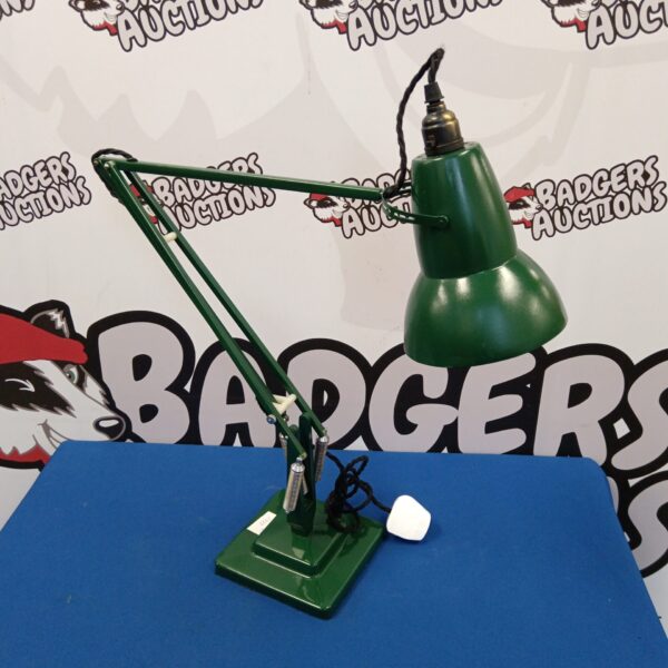 Vintage Herbert Terry Anglepoise desk lamp in green, adjustable task lighting.