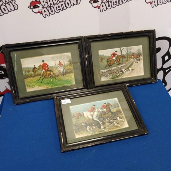 Set of three vintage hunt prints depicting horses and riders.