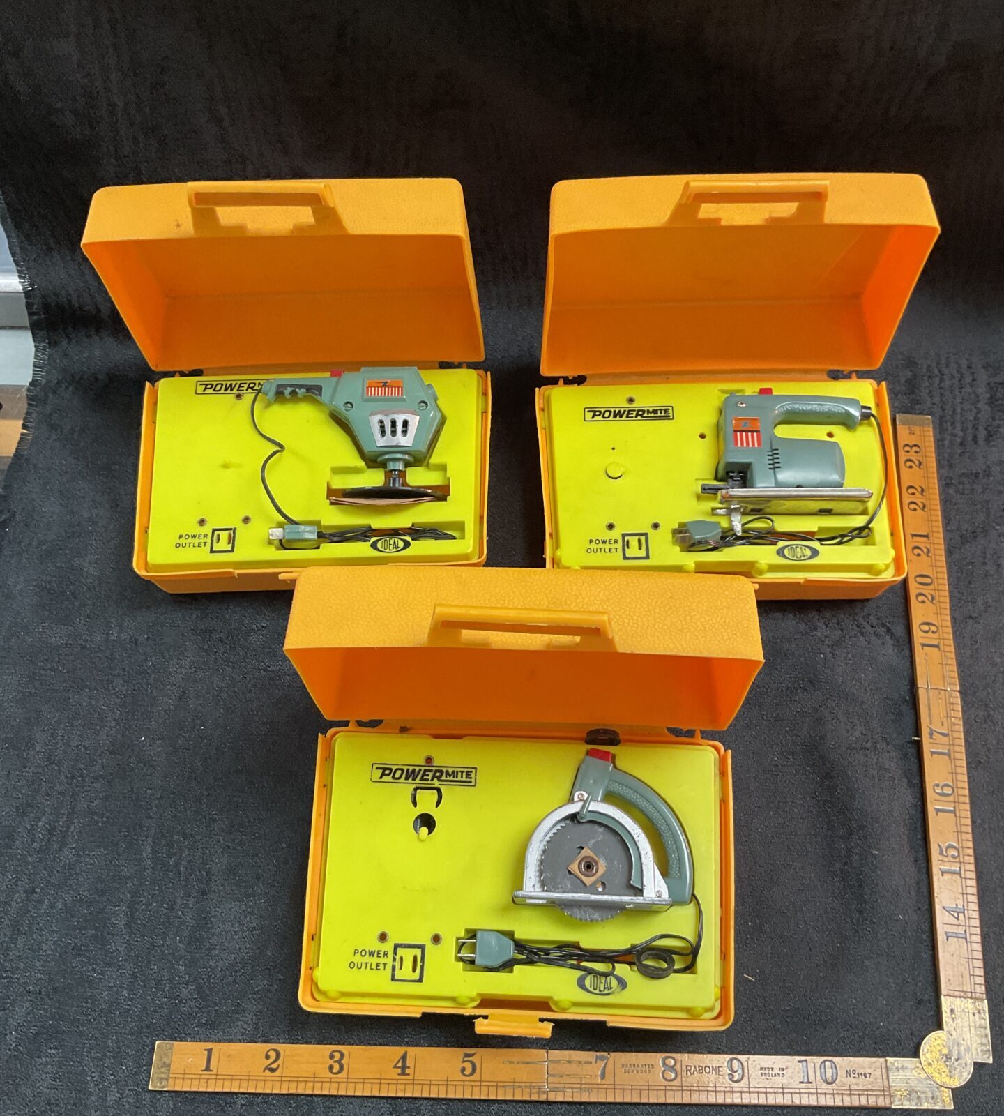 Vintage Ideal Powermite power tool toys from the 1970s, collectible toys.
