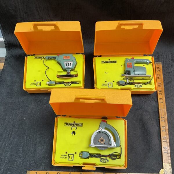 Vintage Ideal Powermite power tool toys from the 1970s, collectible toys.