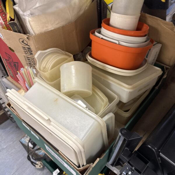 Large lot of vintage kitchen storage tubs and containers.