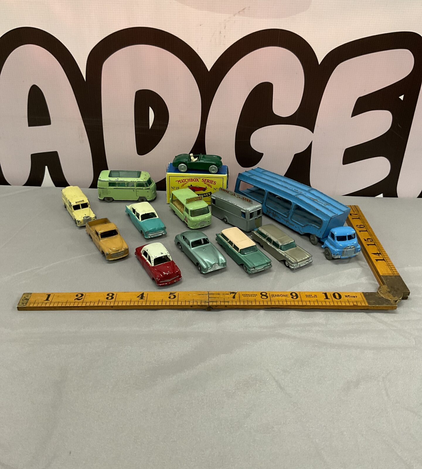 Vintage Lesney and Matchbox diecast toy car lot for collectors.