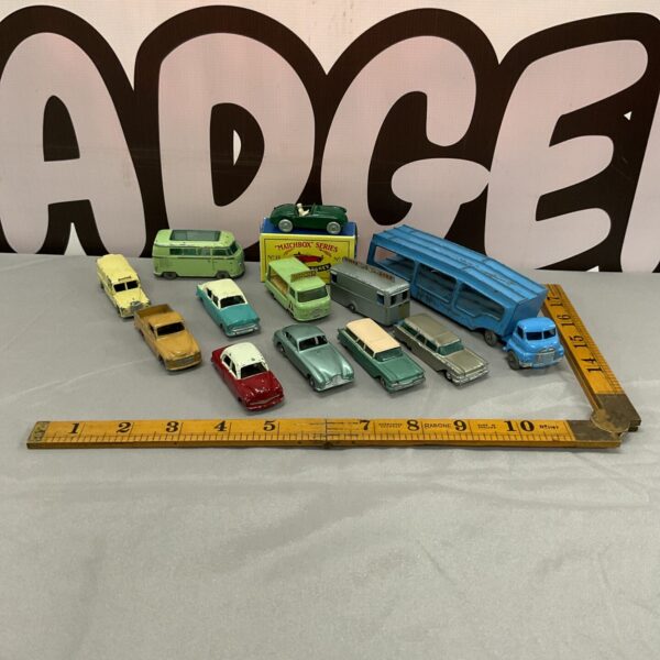 Vintage Lesney and Matchbox diecast toy car lot for collectors.