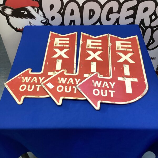 Red vintage style metal exit sign for wall mounting.