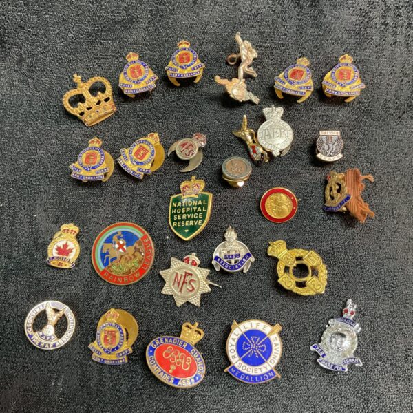 Vintage military pin badges collection, British regimental enamel pins.