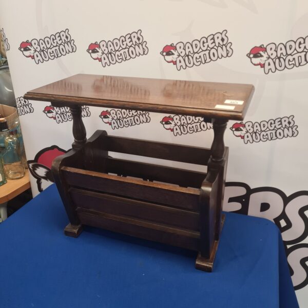 Vintage oak magazine rack side table with slatted design.