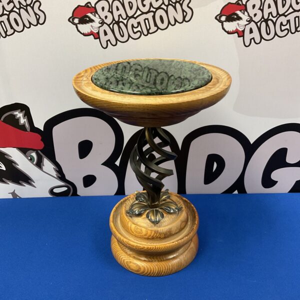 Vintage P Bennett pot stand with marble top and wrought iron legs.