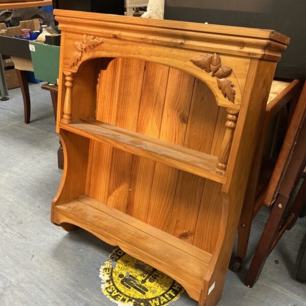 Vintage pine wall shelf unit with two shelves, rustic farmhouse style.