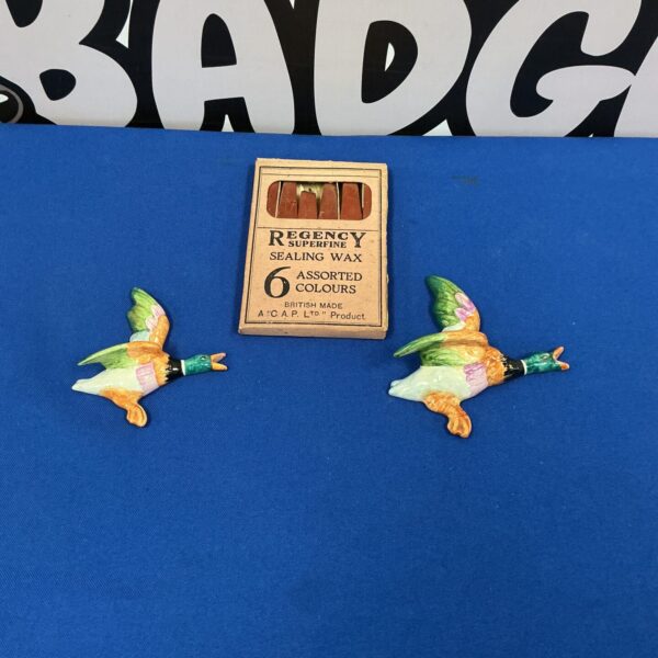 Vintage porcelain ducks and unopened Regency sealing wax set.