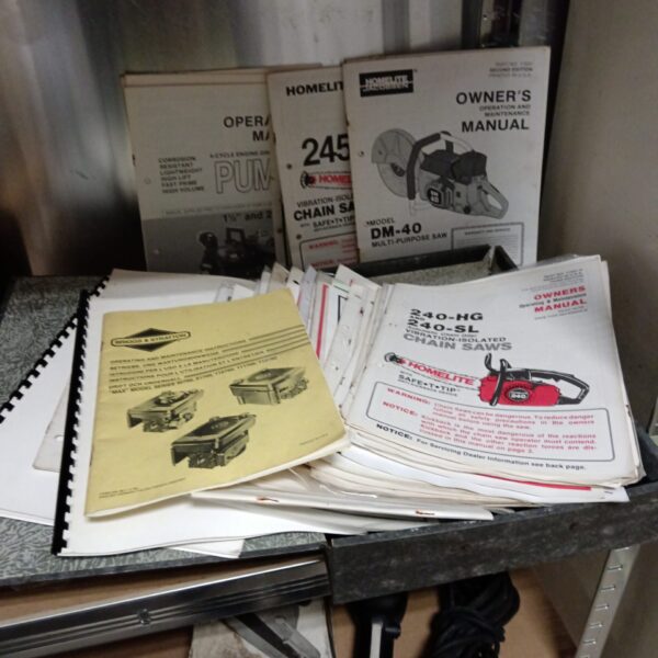 Vintage power tool manuals including a Homelite 245 chainsaw guide.