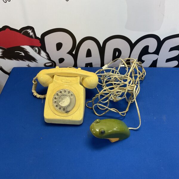Vintage rotary phone and playful frog telephone, retro collectible.
