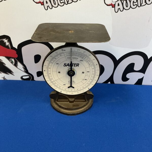 Vintage Salter kitchen scales with white pan and brass mechanism.