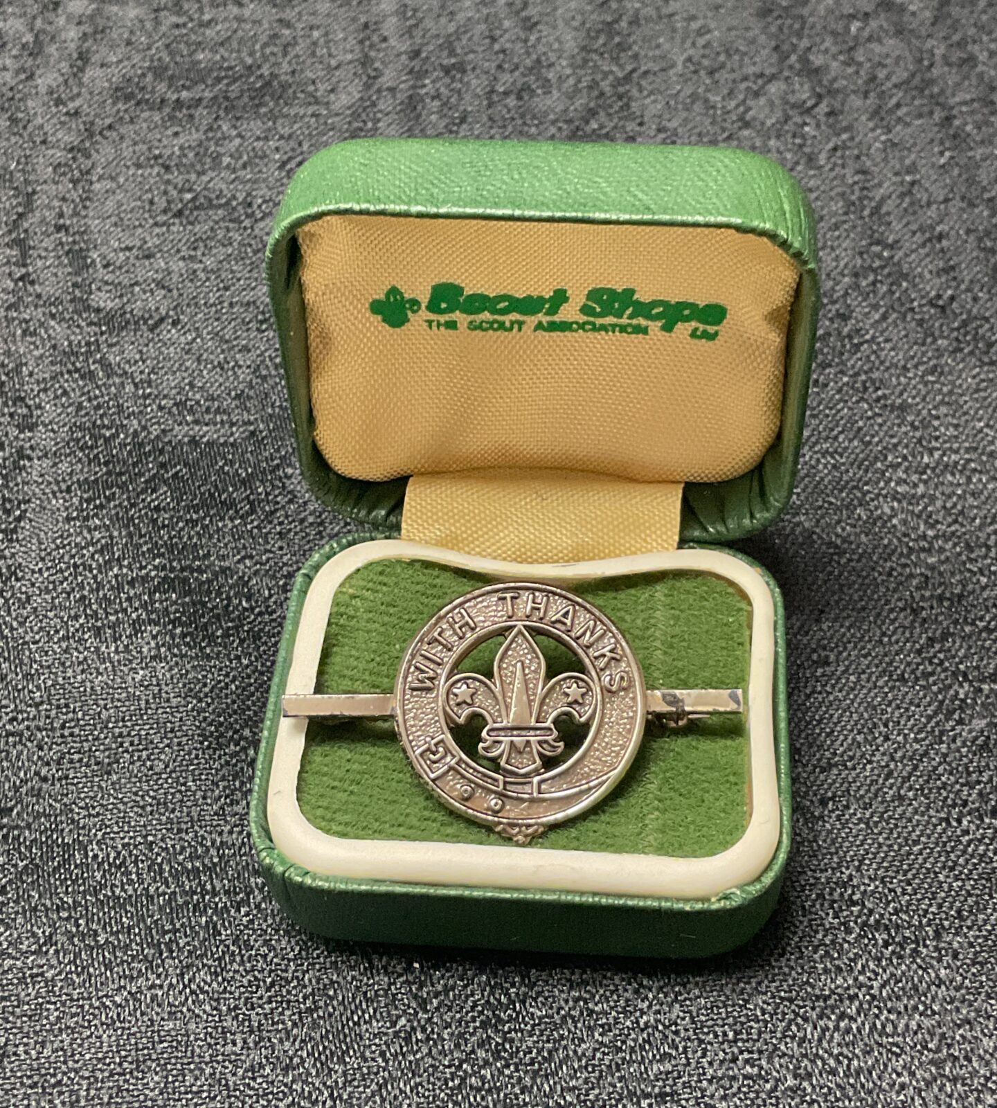 Vintage sterling silver Scout Thank You bar badge for collectors.