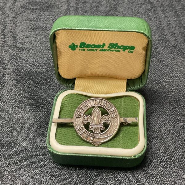 Vintage sterling silver Scout Thank You bar badge for collectors.