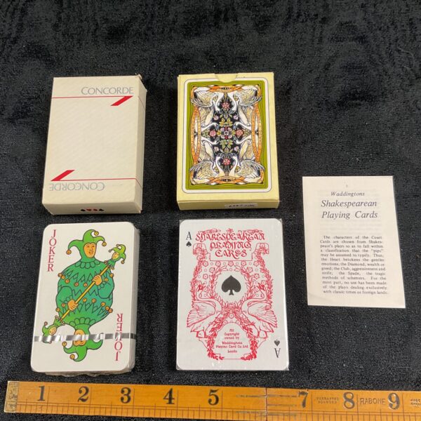 Sealed vintage playing cards, Concorde and Shakespearean decks.