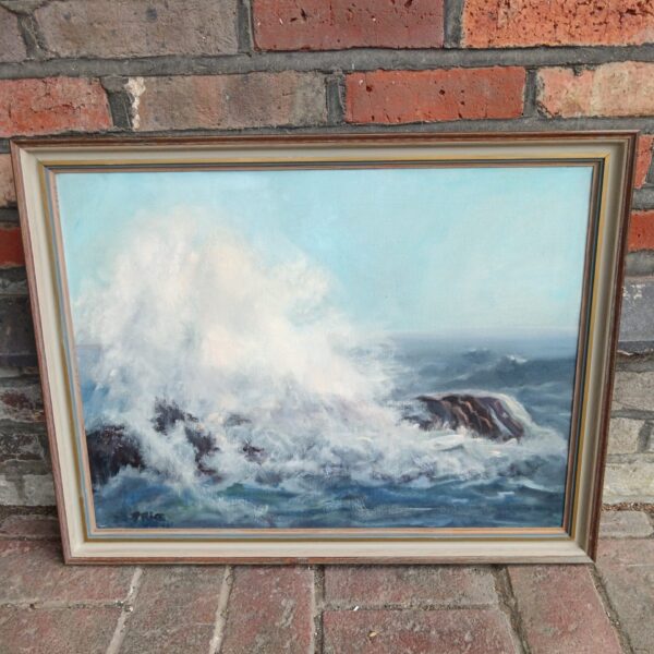 Vintage seascape oil painting signed "Price" with crashing waves.