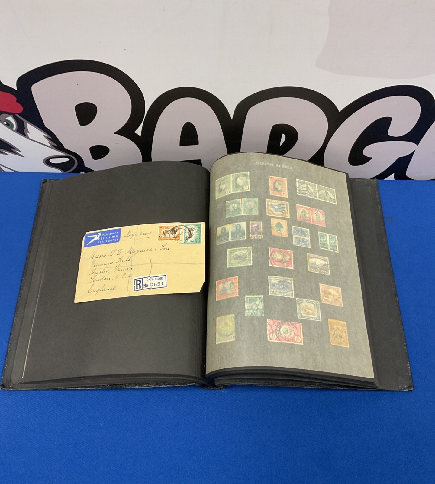 Open vintage stamp album displaying mounted world stamps.
