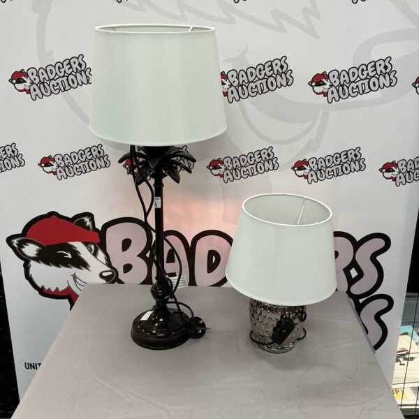 Vintage table lamp pair with brass bases and frosted shades.