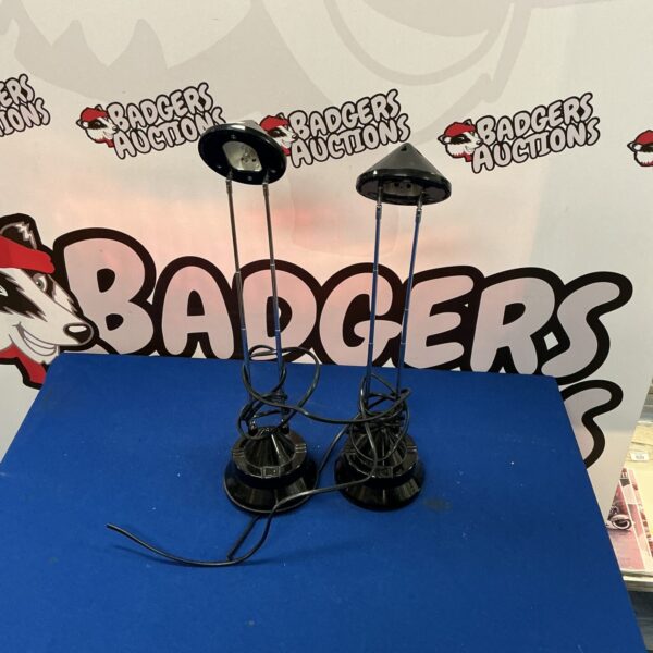 Two vintage telescopic reading lamps with adjustable shades.