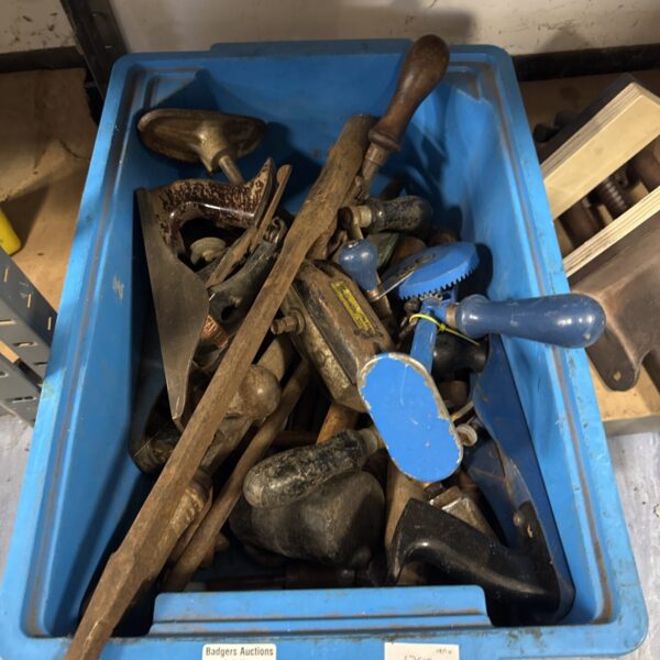 Vintage tools lot including wood planes and a drill brace.