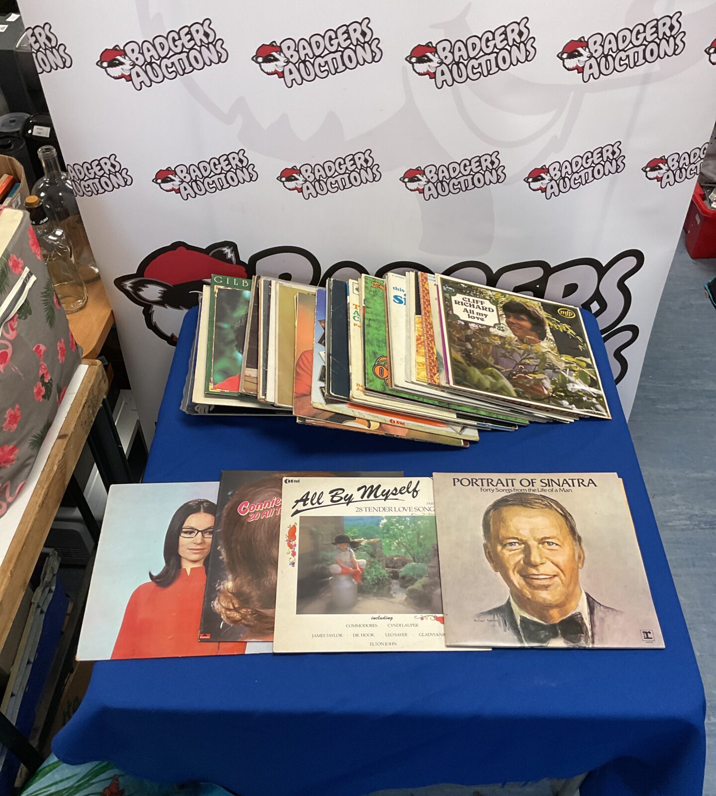 Vintage vinyl record collection including Frank Sinatra LPs.