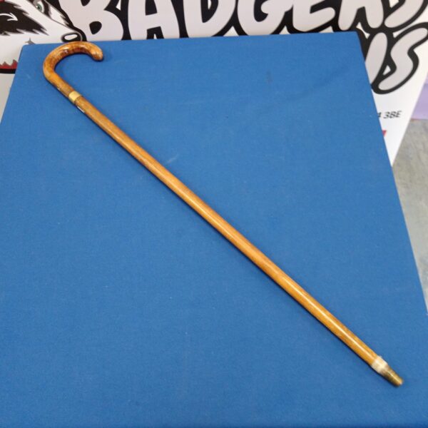 Full view of a vintage walking stick with a gold fox cuff.