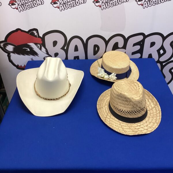 Pair of vintage wicker boating hats with cowboy style brims.
