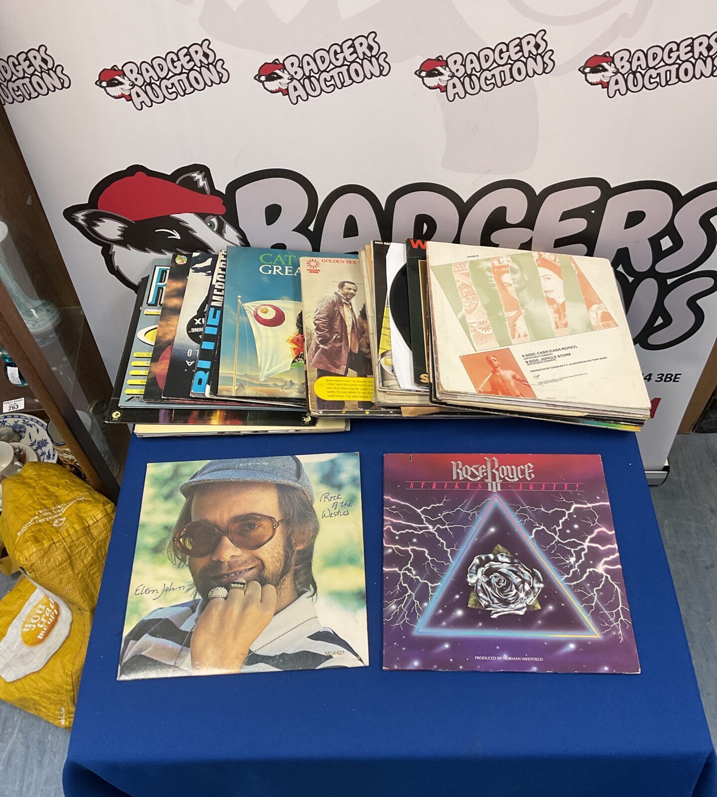 Vinyl record lot including an Elton John album for collectors.