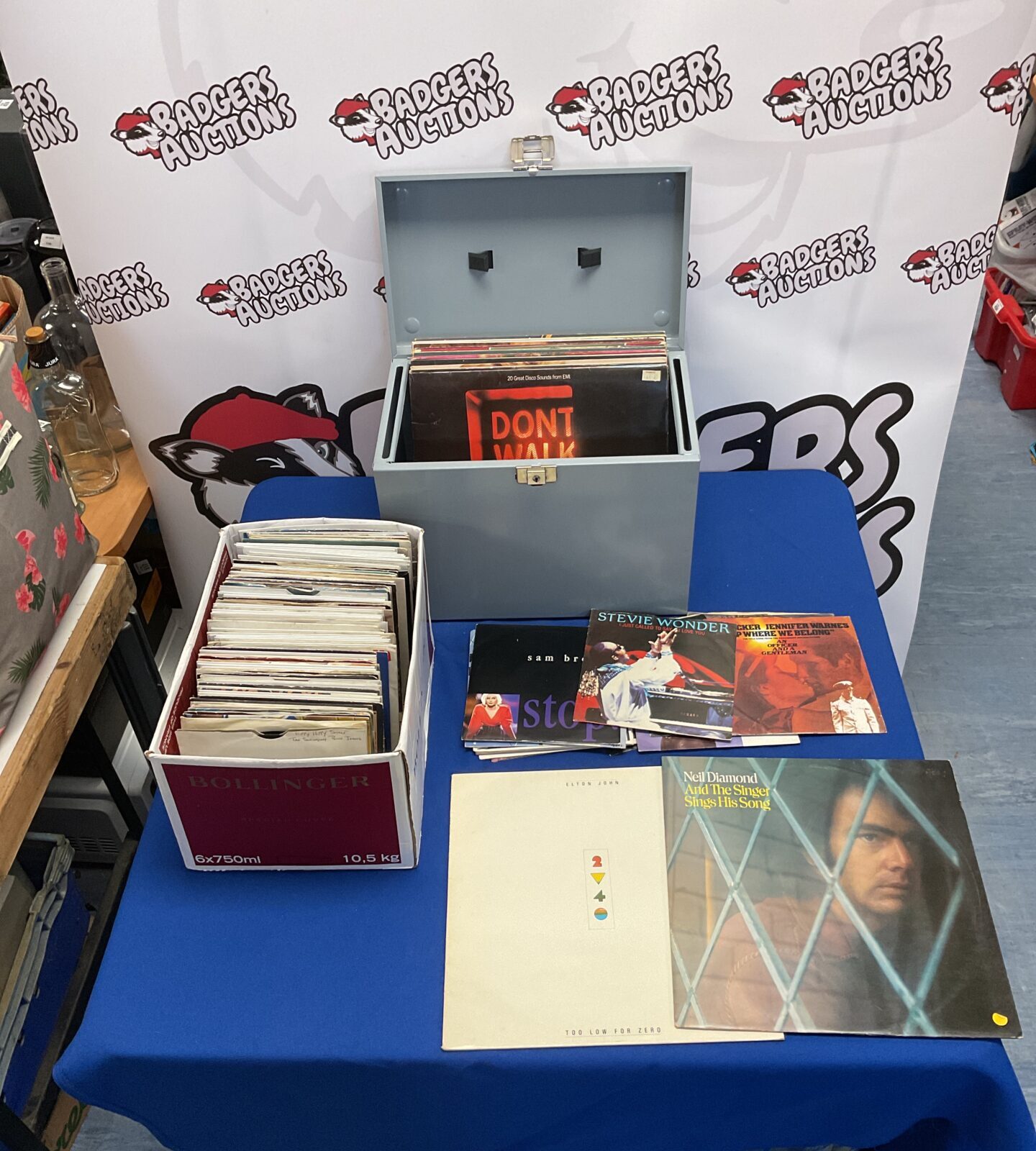 Mixed lot of vinyl records including Elton John, Neil Diamond, and Stevie Wonder.