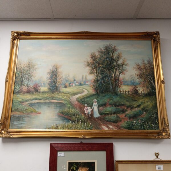 Vintage W Hodges country landscape painting with mother and child.