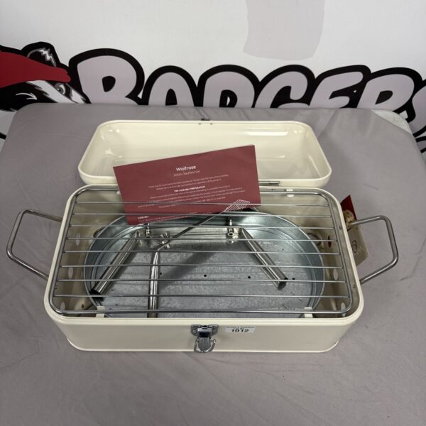 White enamel Waitrose retro barbecue with chrome handle.